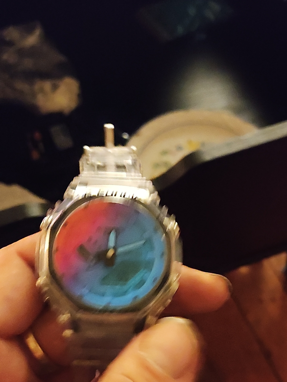 G-Shock Clear Case Analog Watch with Blue and Pink Iridescent Dial